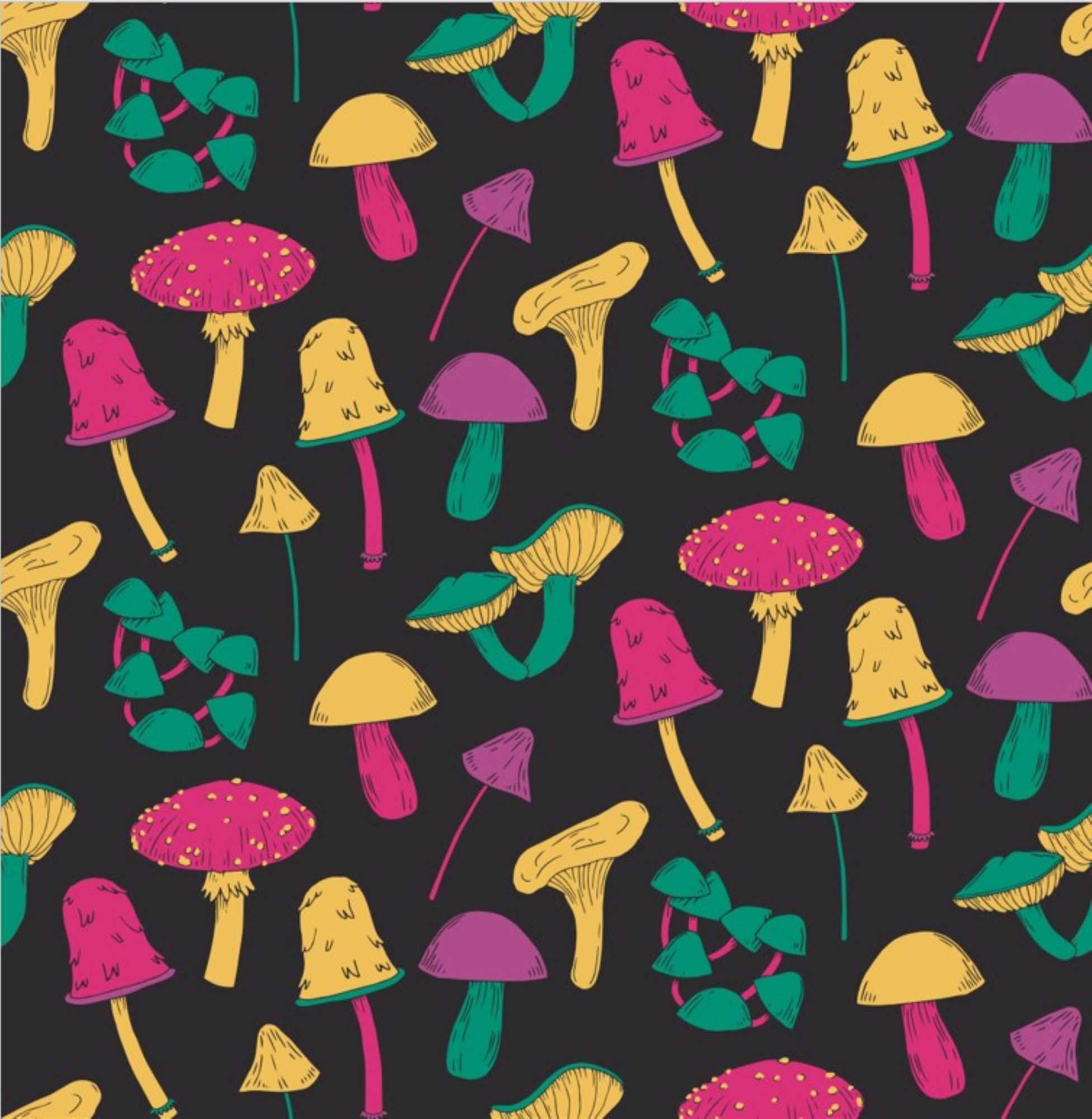 Fabrics :: MAGICAL MUSHROOMS - BLACK ® 112cm Wide. Sold By The 25 Metre ...